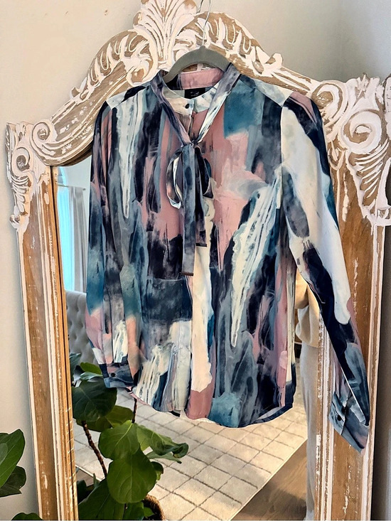 Mossimo Supply Co. Tops - Abstract Print Tie Neck Shirt in Blue & Pink Like New